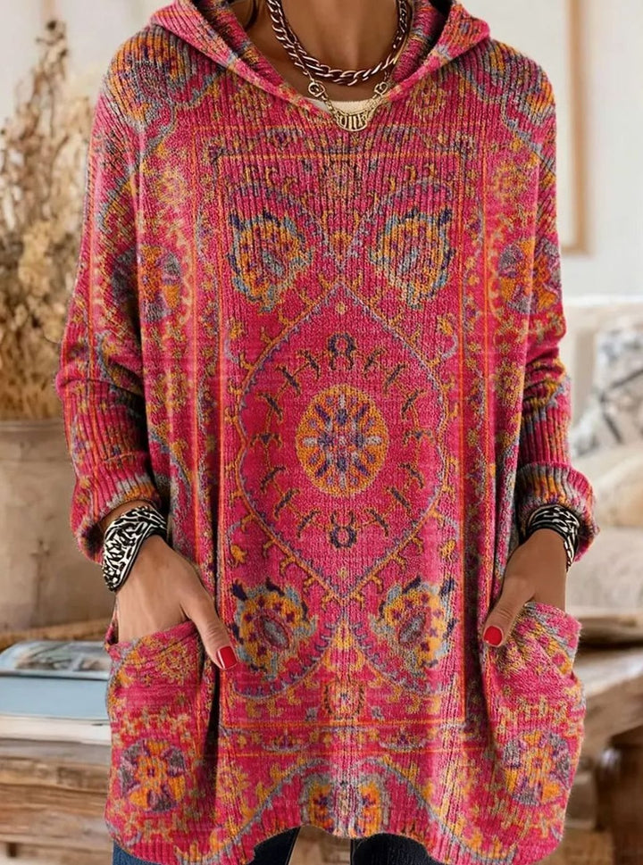Women's Vintage Ethnic Print Hooded Knit Tunic Sweater Pockets - Rose