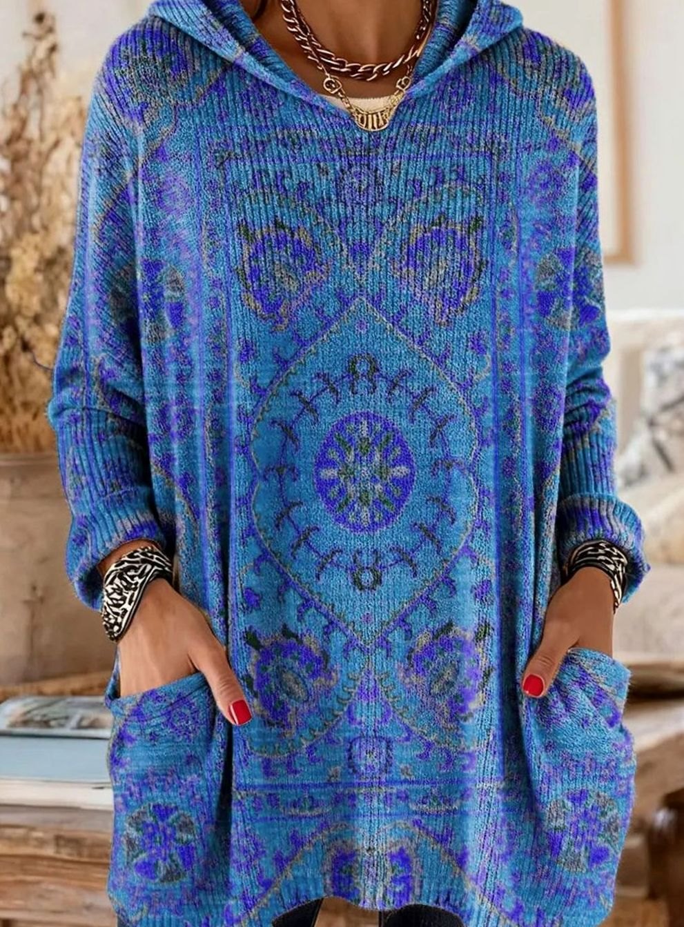 Women's Vintage Ethnic Print Hooded Knit Tunic Sweater Pockets - Navy Blue