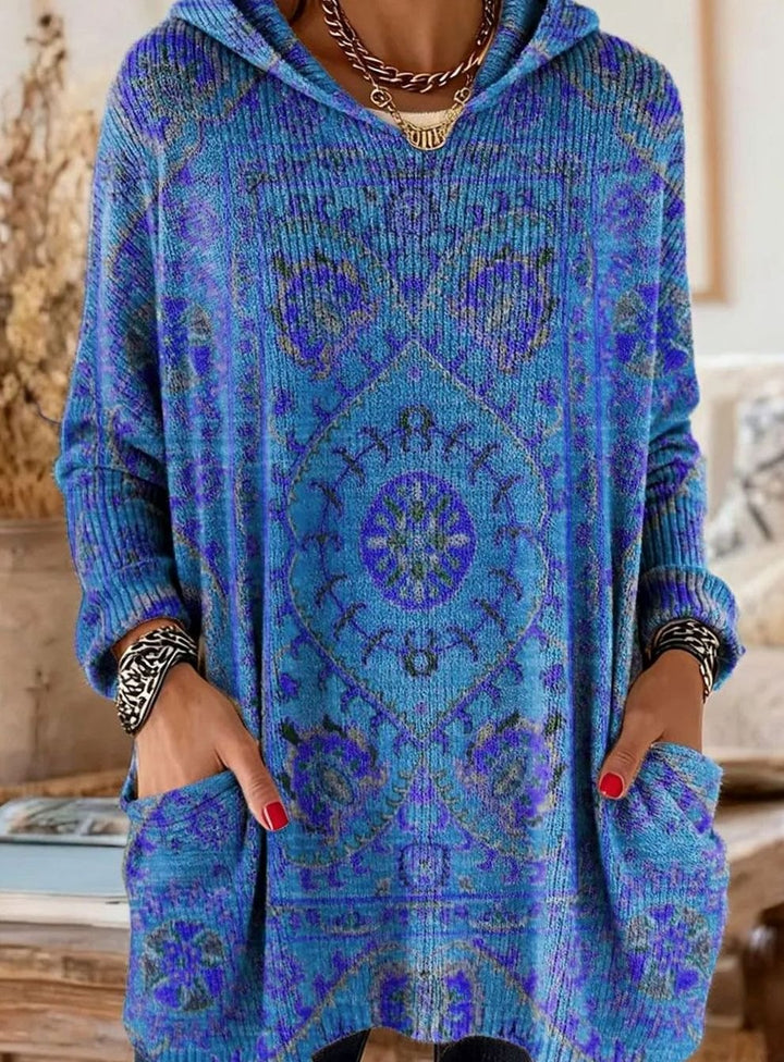 Women's Vintage Ethnic Print Hooded Knit Tunic Sweater Pockets - Navy Blue
