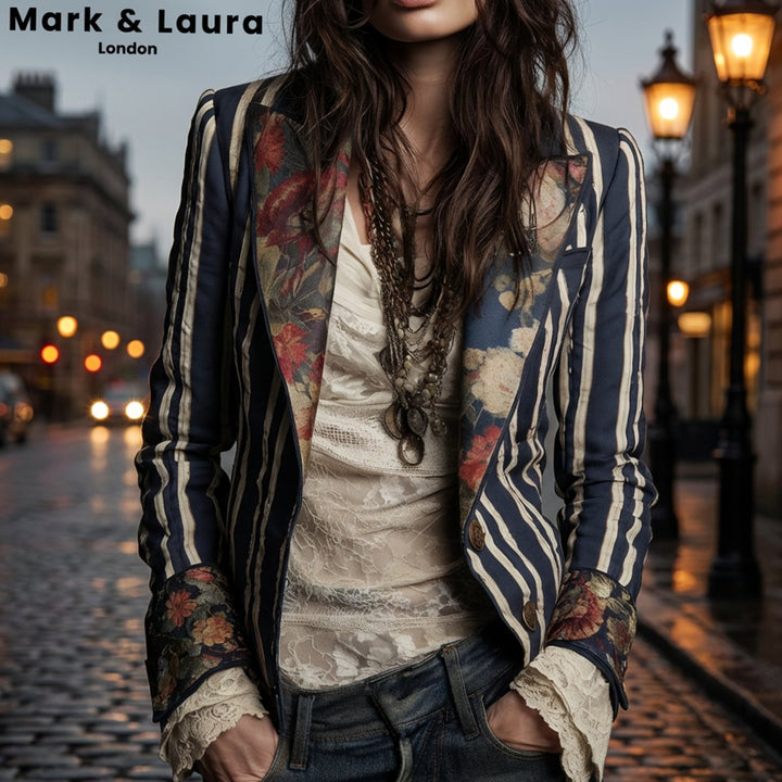 Women's Vintage Floral Print Striped Structured Blazer