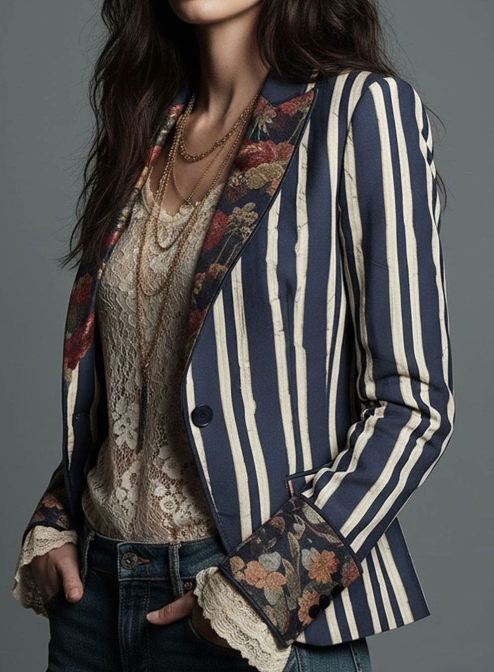 Women's Vintage Floral Print Striped Structured Blazer