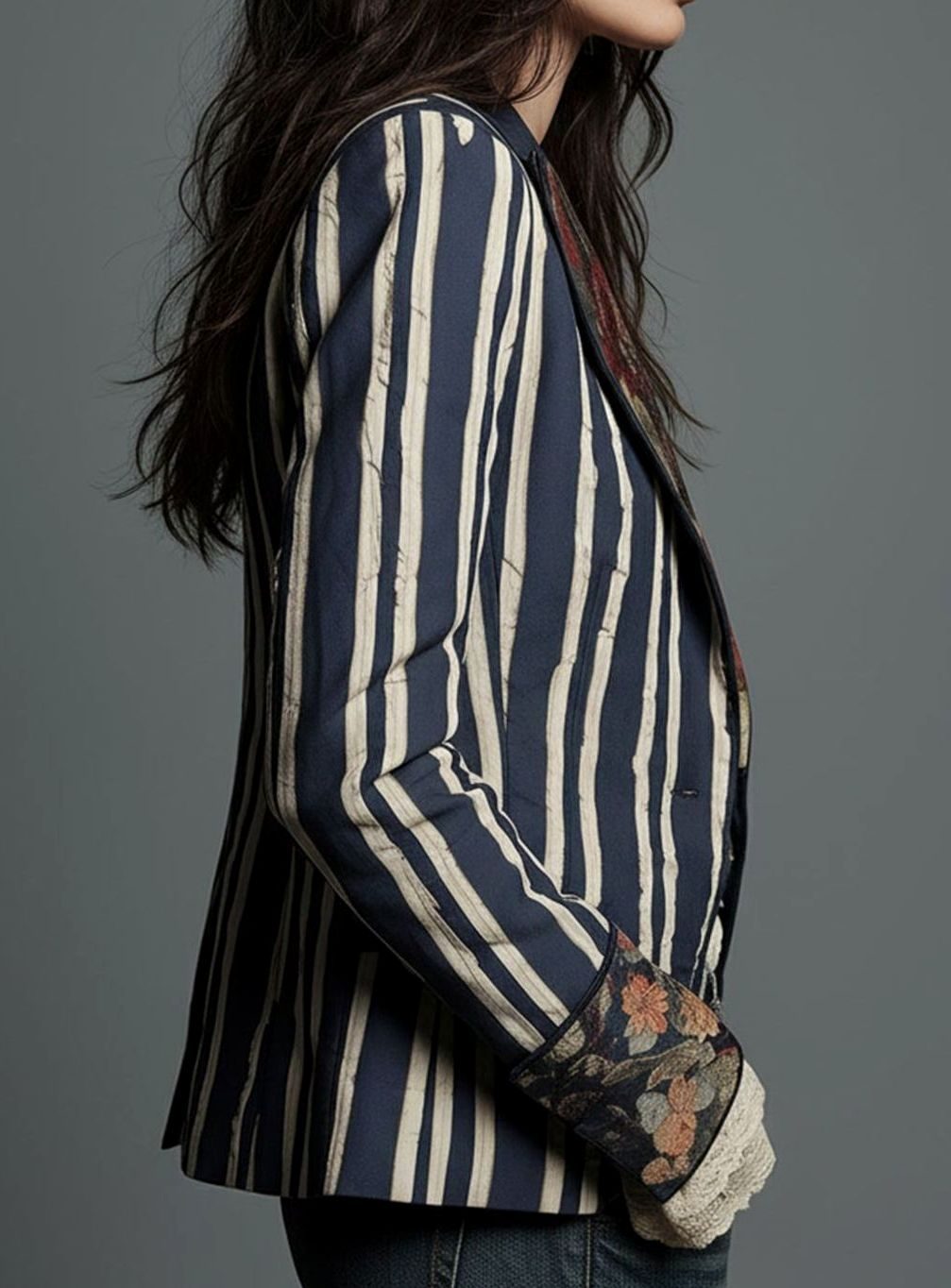 Women's Vintage Floral Print Striped Structured Blazer