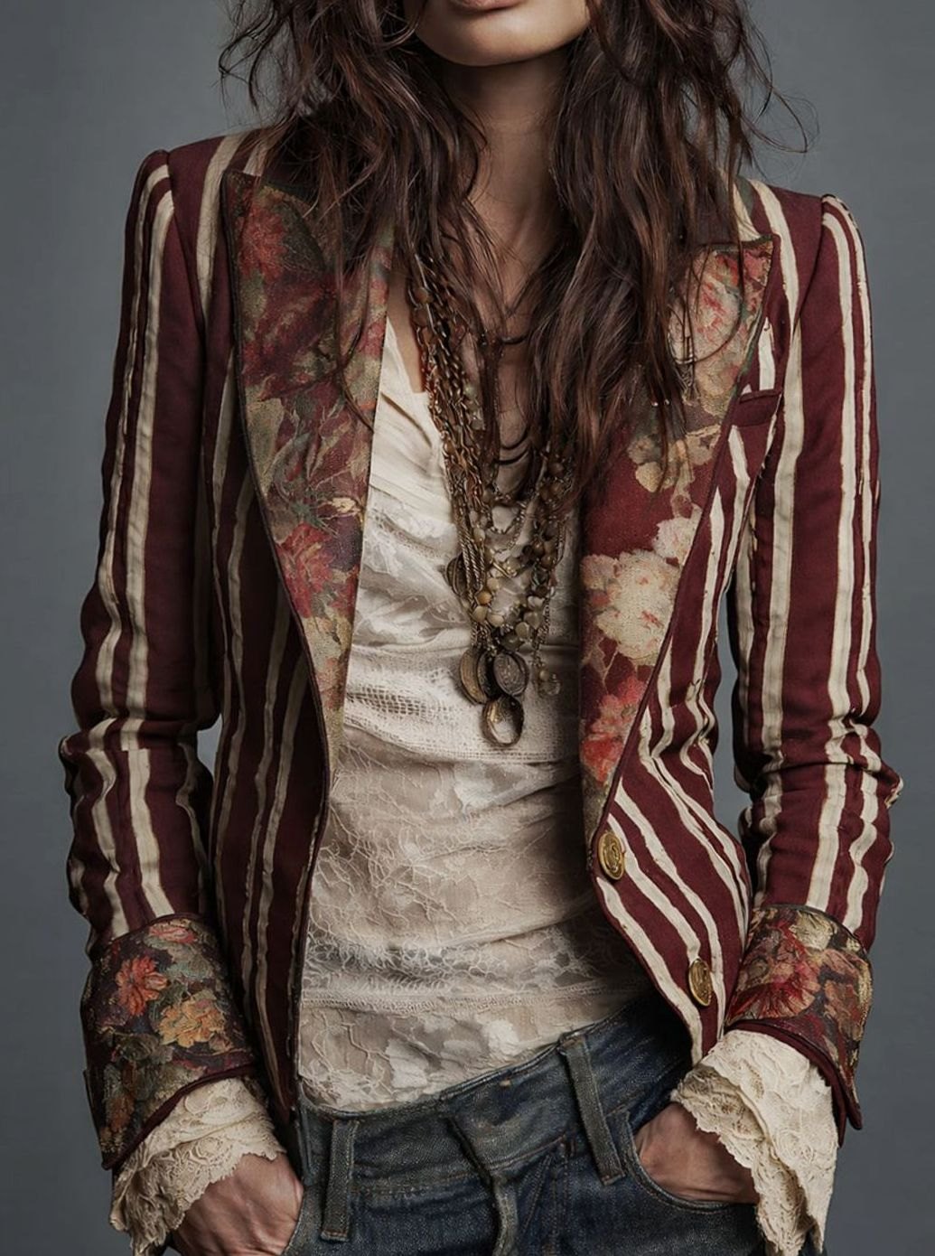 Women's Vintage Floral Print Striped Structured Blazer - Burgundy