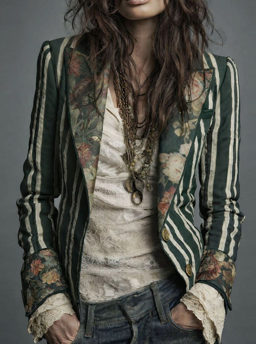 Women's Vintage Floral Print Striped Structured Blazer - Dark Green