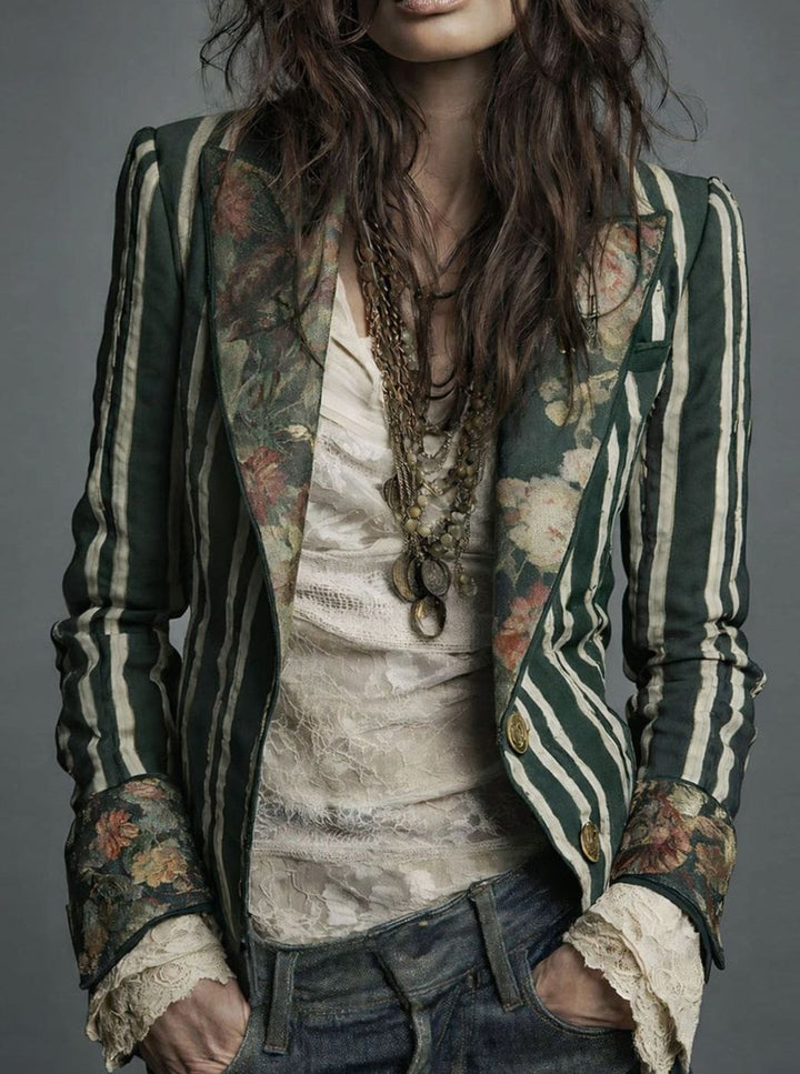 Women's Vintage Floral Print Striped Structured Blazer - Dark Green