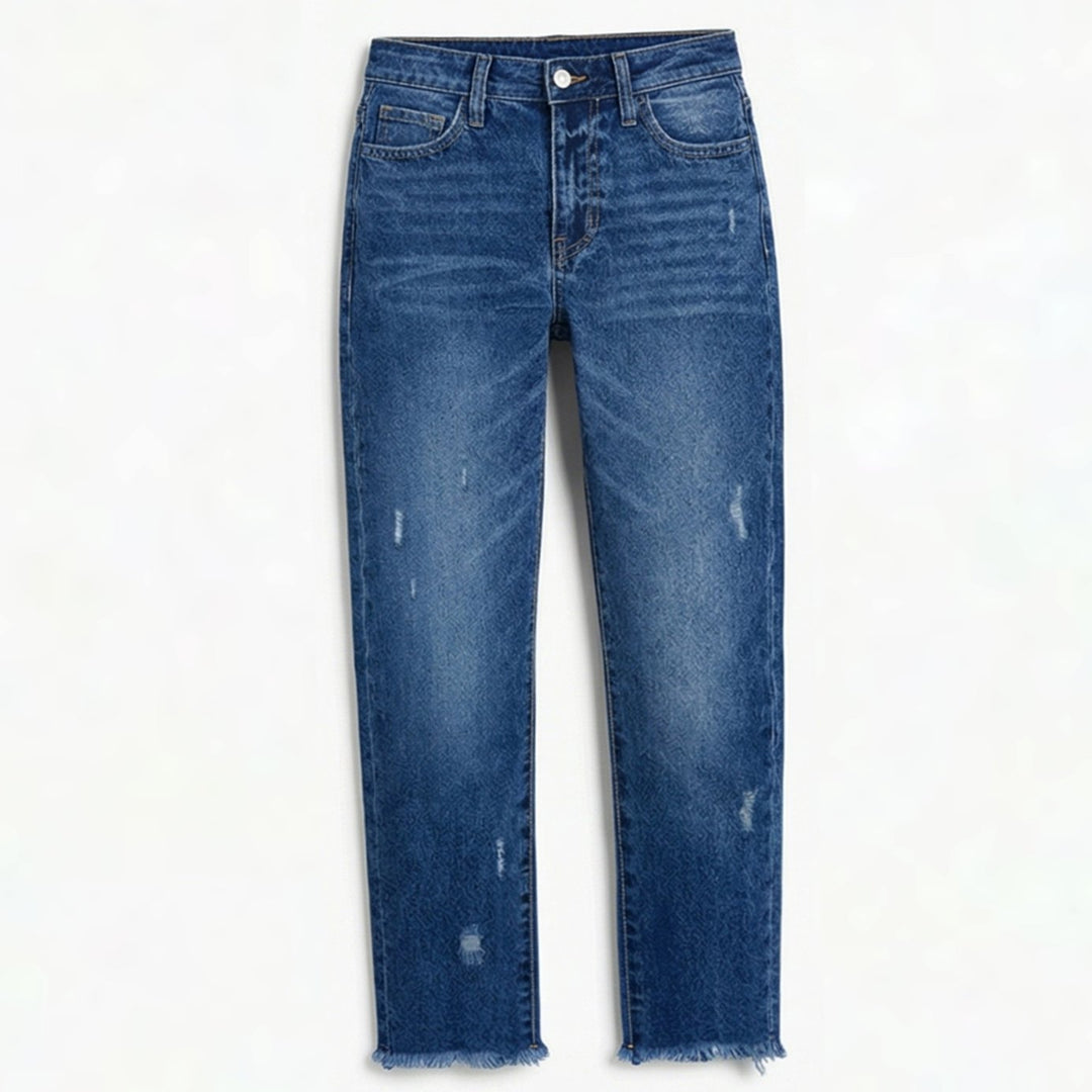 Women's Vintage-Inspired Cropped Straight Leg Frayed Hem Jeans - Dark Blue