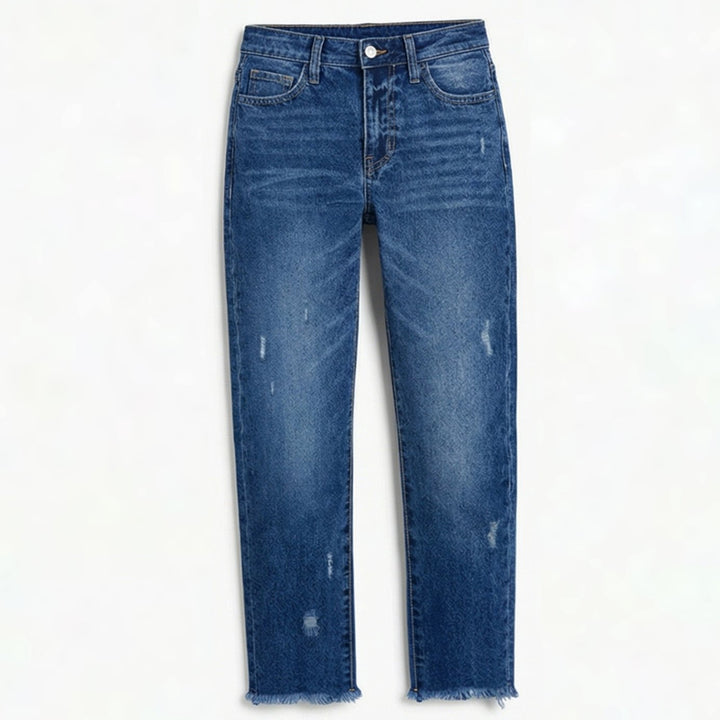 Women's Vintage-Inspired Cropped Straight Leg Frayed Hem Jeans - Dark Blue