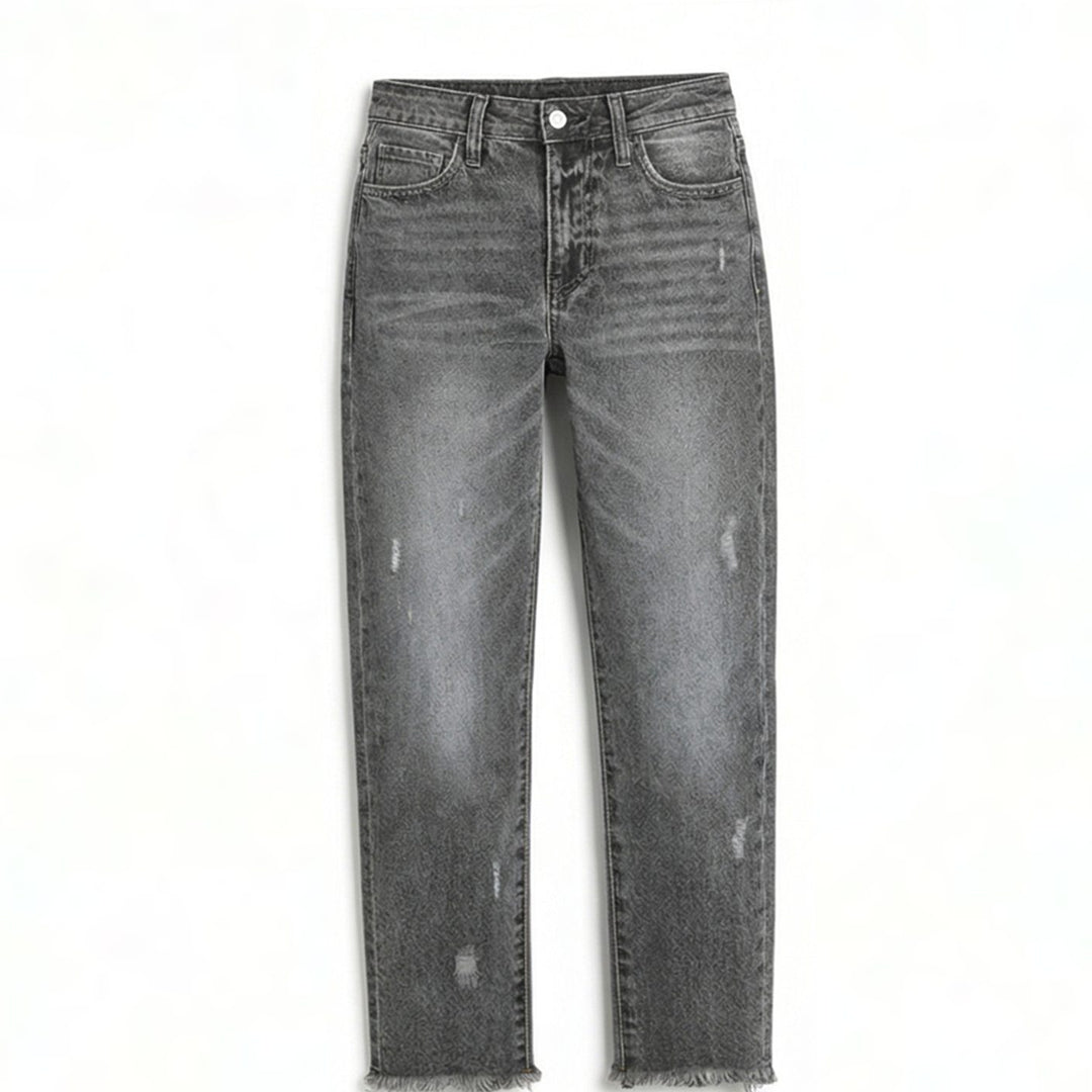 Women's Vintage-Inspired Cropped Straight Leg Frayed Hem Jeans - Gray