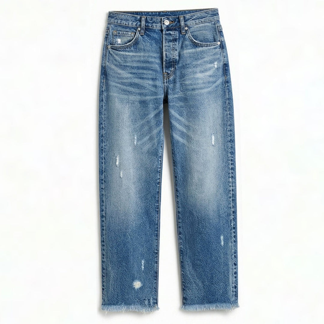 Women's Vintage-Inspired Cropped Straight Leg Frayed Hem Jeans - Classic Blue