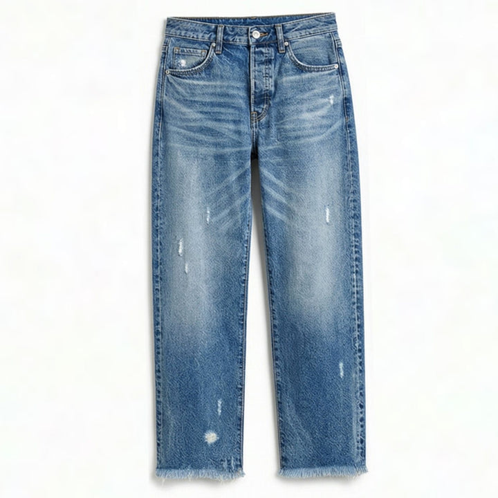 Women's Vintage-Inspired Cropped Straight Leg Frayed Hem Jeans - Classic Blue
