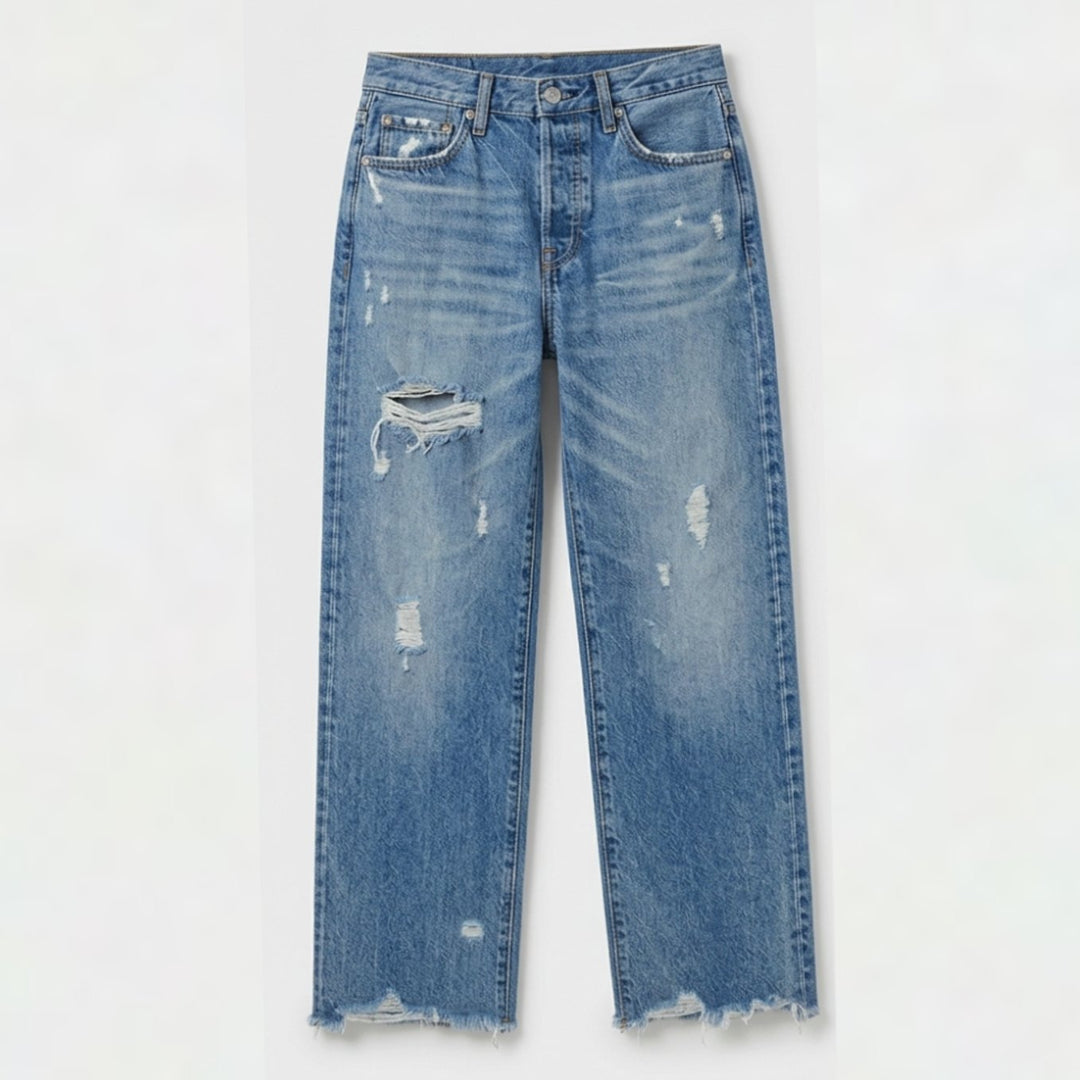 Women's Vintage-Inspired Cropped Straight Leg Frayed Hem Jeans - Medium Blue