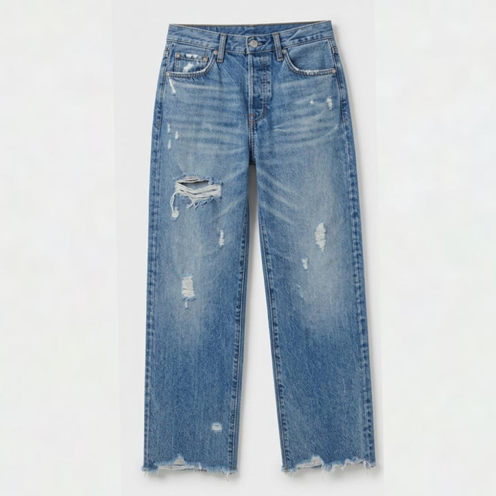 Women's Vintage-Inspired Cropped Straight Leg Frayed Hem Jeans - Medium Blue
