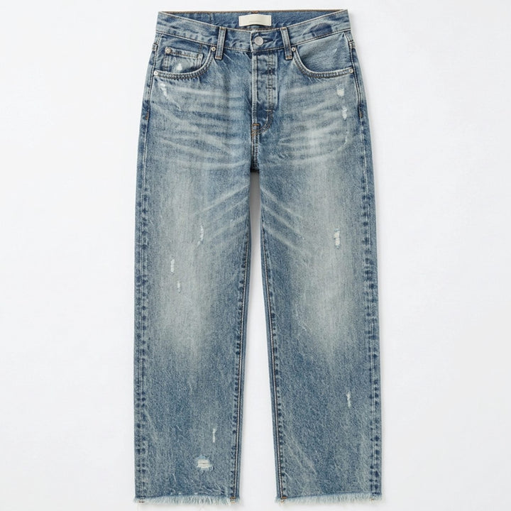 Women's Vintage-Inspired Cropped Straight Leg Frayed Hem Jeans - Vintage Blue