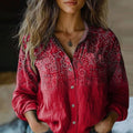 Camila | Women's Vintage Paisley Print Long Sleeve Button-Down Blouse, Red