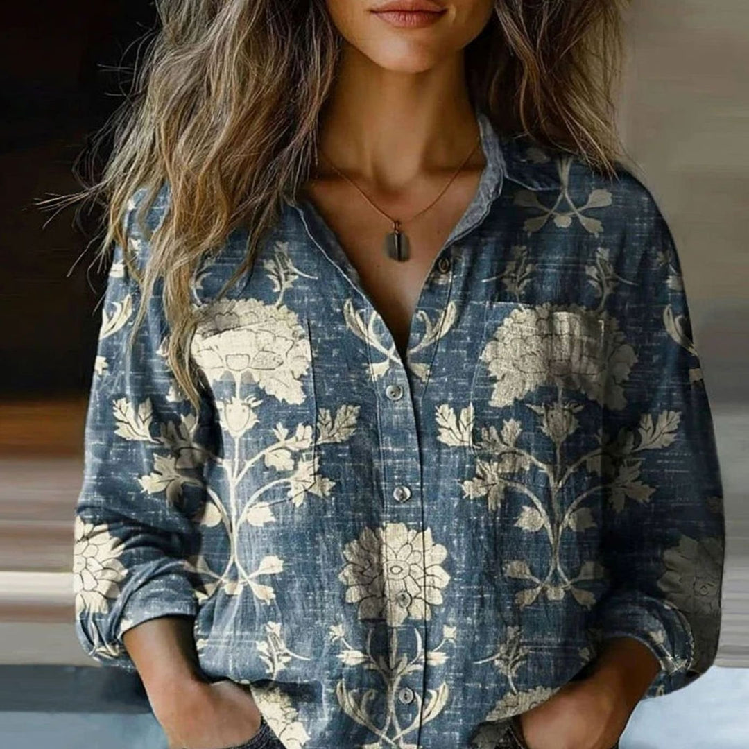 Women's Vintage Paisley Print Long Sleeve Button-Down Blouse, Red - Blue