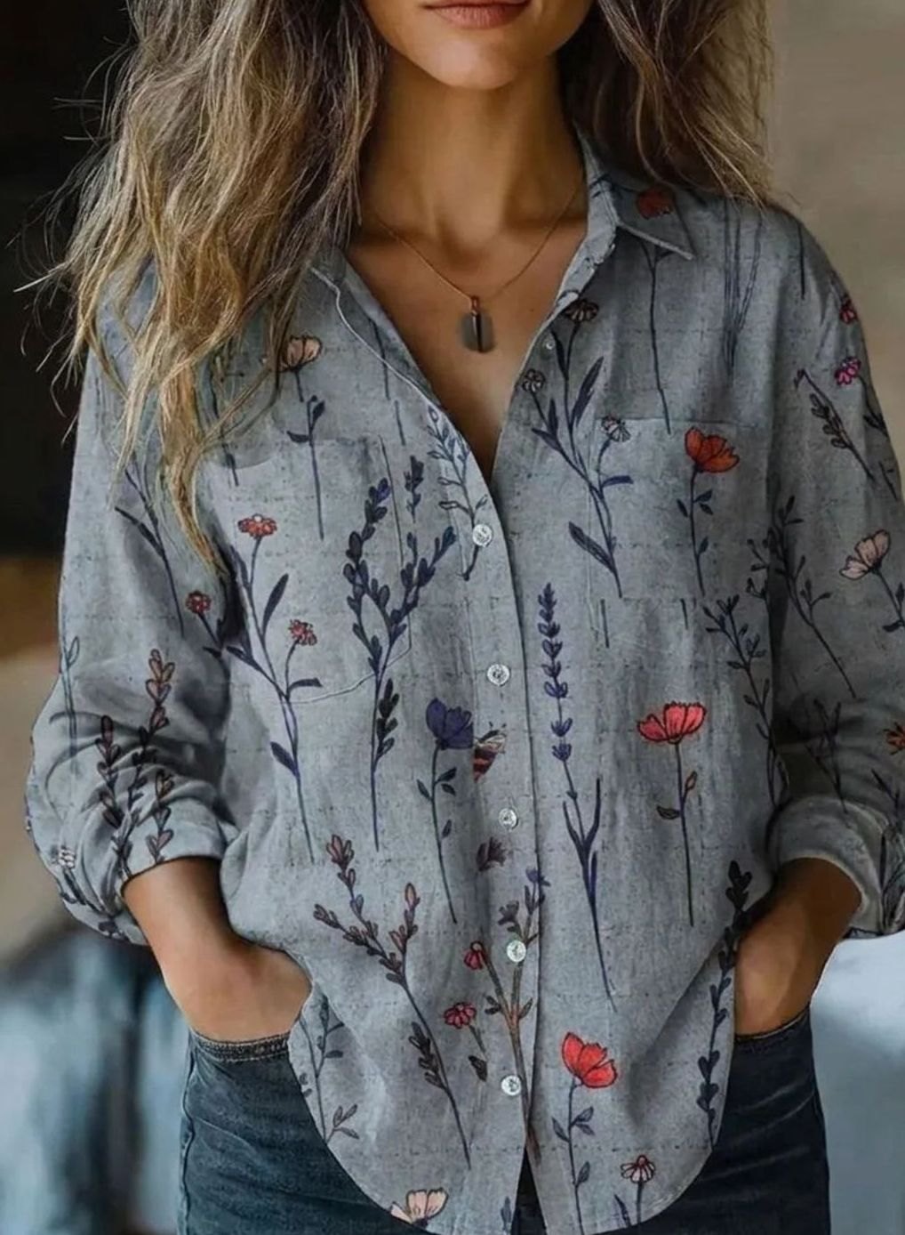 Women's Vintage Paisley Print Long Sleeve Button-Down Blouse, Red - Green