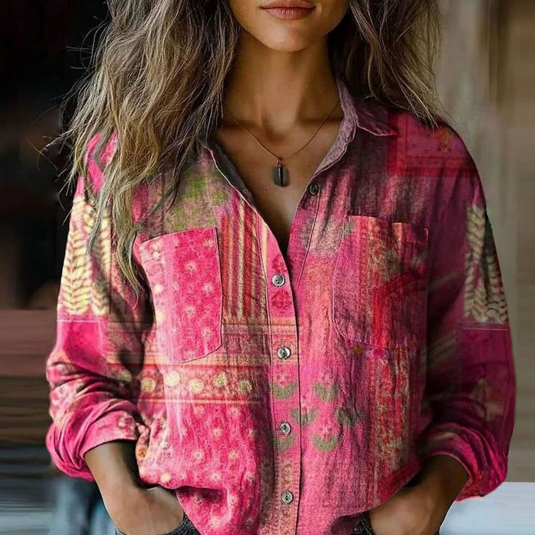 Women's Vintage Paisley Print Long Sleeve Button-Down Blouse, Red - Pink