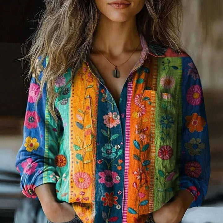 Women's Vintage Paisley Print Long Sleeve Button-Down Blouse, Red - Multicolor