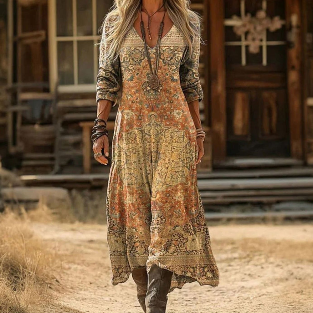 Women's Vintage-Print Long Sleeve V-Neck Maxi Dress - Yellow