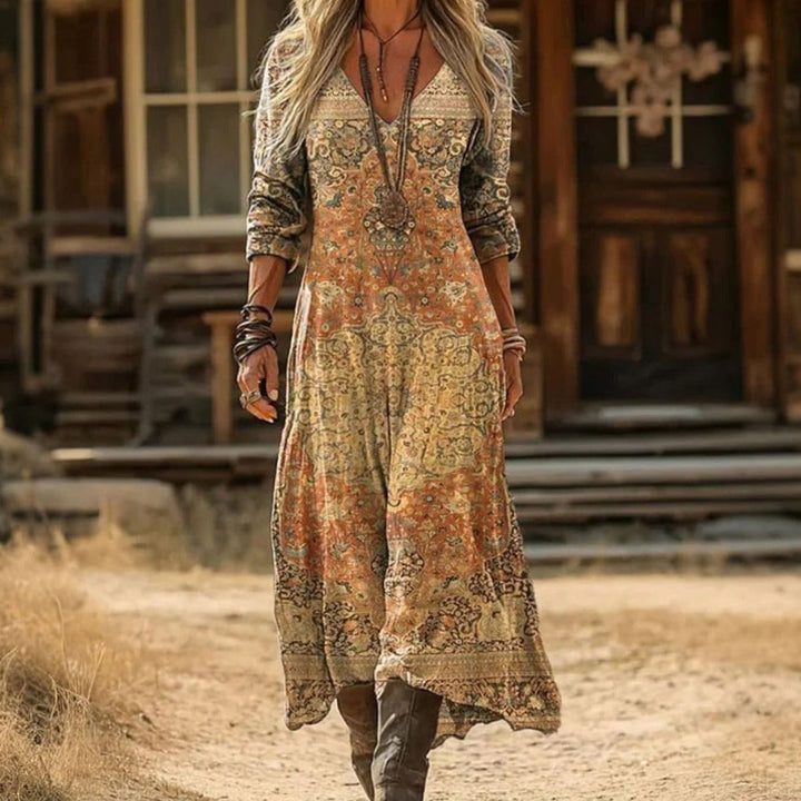 Women's Vintage-Print Long Sleeve V-Neck Maxi Dress - Yellow