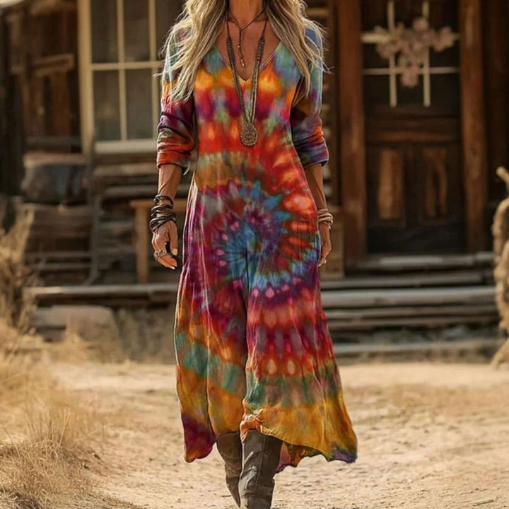 Women's Vintage-Print Long Sleeve V-Neck Maxi Dress - Multicolor
