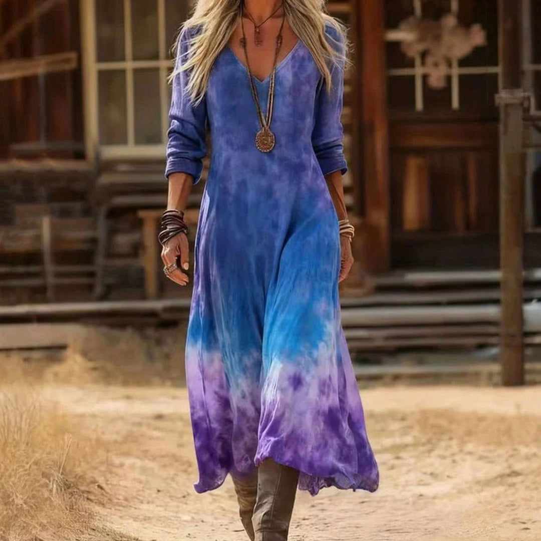 Women's Vintage-Print Long Sleeve V-Neck Maxi Dress - Blue
