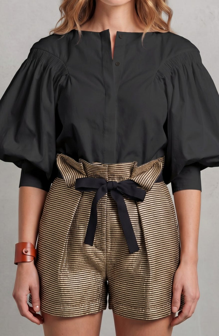 Women's Voluminous Puff Sleeve Button-Front Blouse - Black