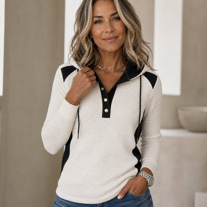 Women's Waffle-Knit Colorblock Button V-Neck Hoodie