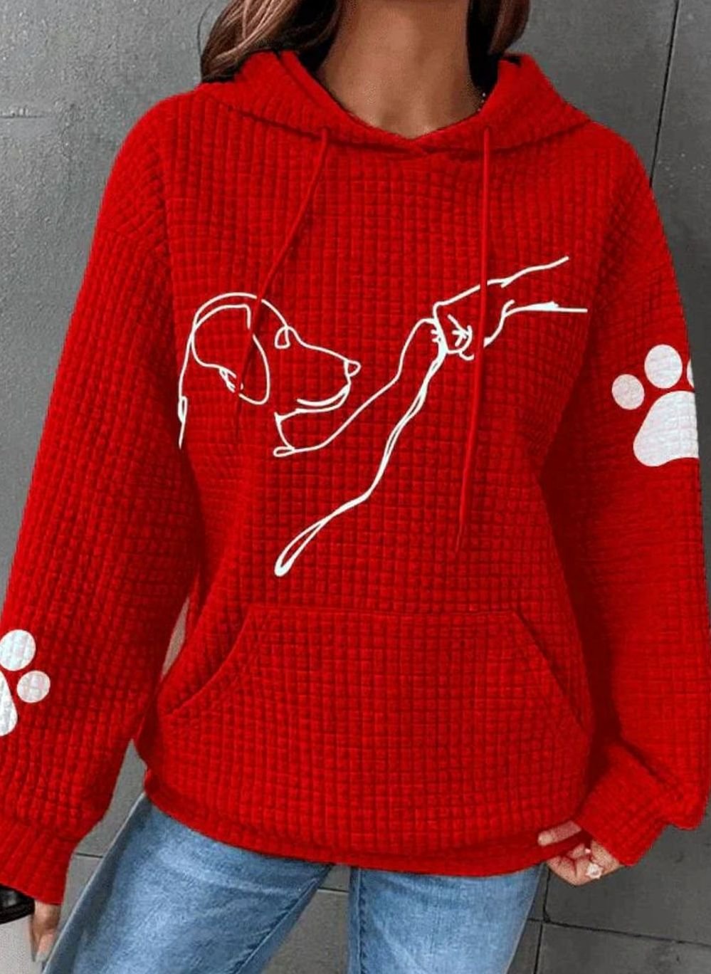 Women's Waffle-Knit Dog Print Pullover Hoodie Sweatshirt - Red
