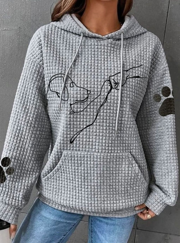 Women's Waffle-Knit Dog Print Pullover Hoodie Sweatshirt - Gray