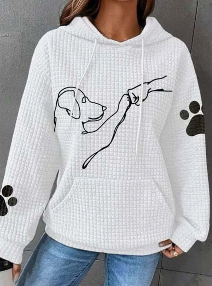 Women's Waffle-Knit Dog Print Pullover Hoodie Sweatshirt - White