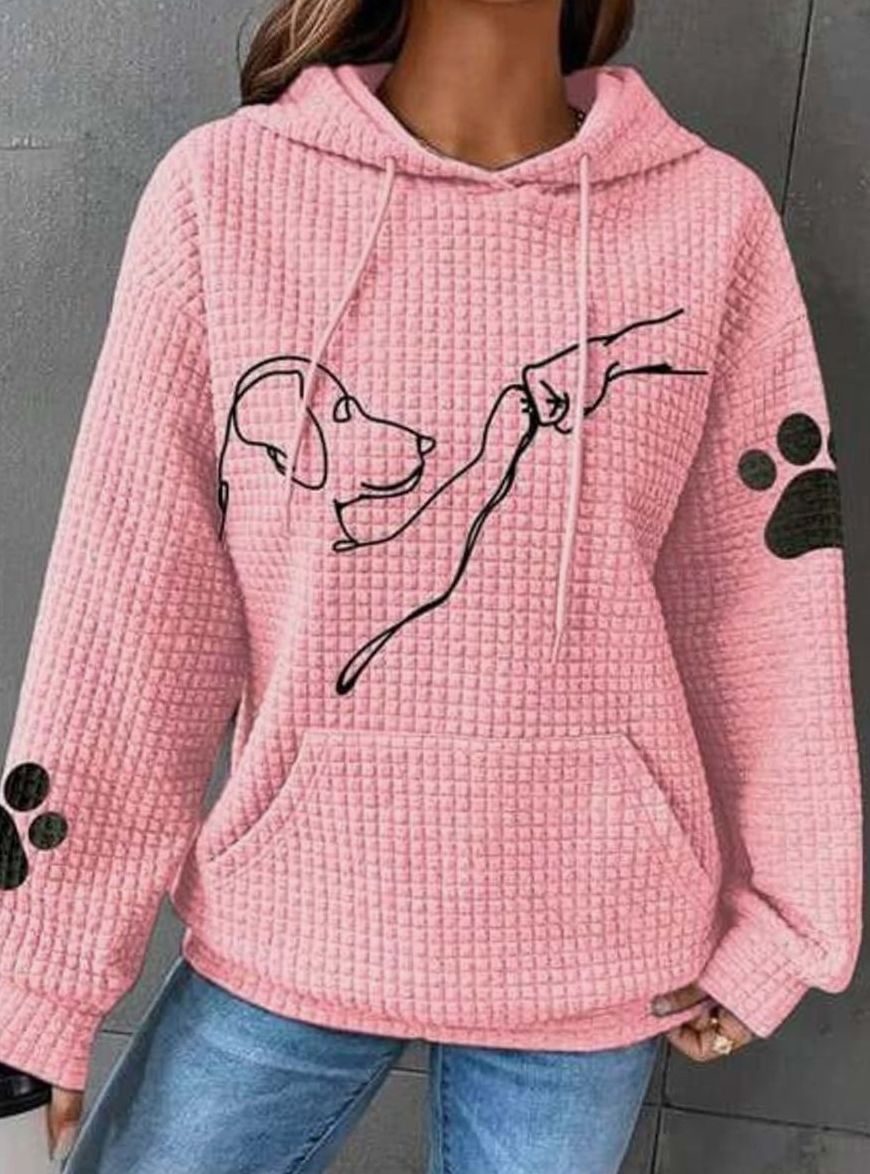 Women's Waffle-Knit Dog Print Pullover Hoodie Sweatshirt - Pink