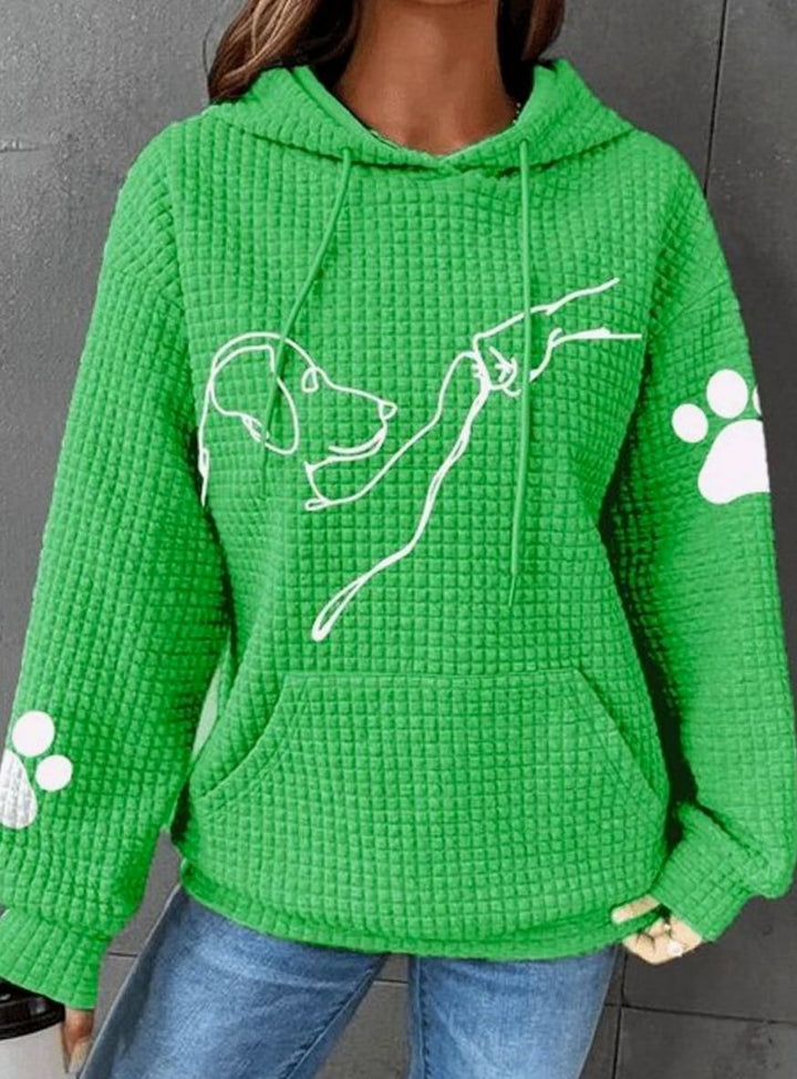 Women's Waffle-Knit Dog Print Pullover Hoodie Sweatshirt - Green