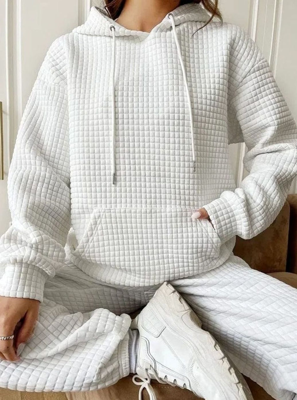 Women's Waffle-Knit Drawstring Pullover Hoodie - White