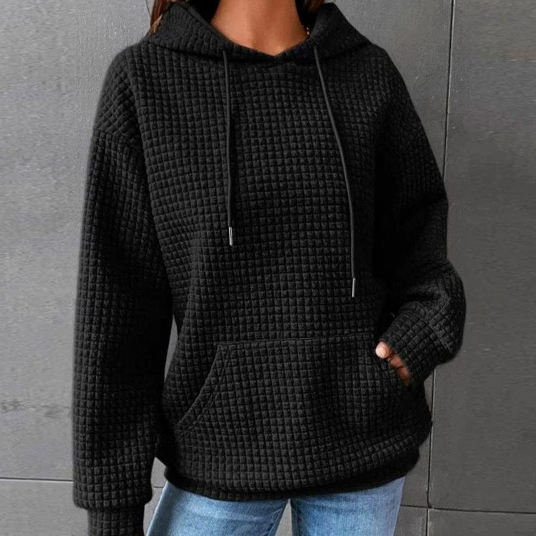 Women's Waffle-Knit Drawstring Pullover Hoodie - Black