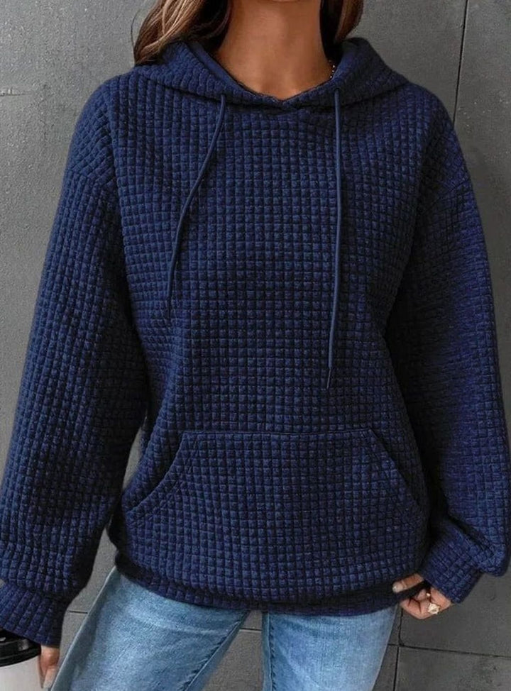 Women's Waffle-Knit Drawstring Pullover Hoodie - Navy Blue