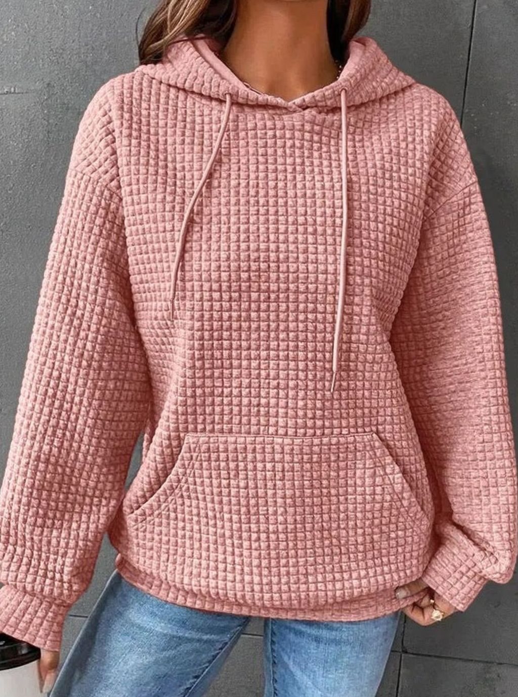Women's Waffle-Knit Drawstring Pullover Hoodie - Pink