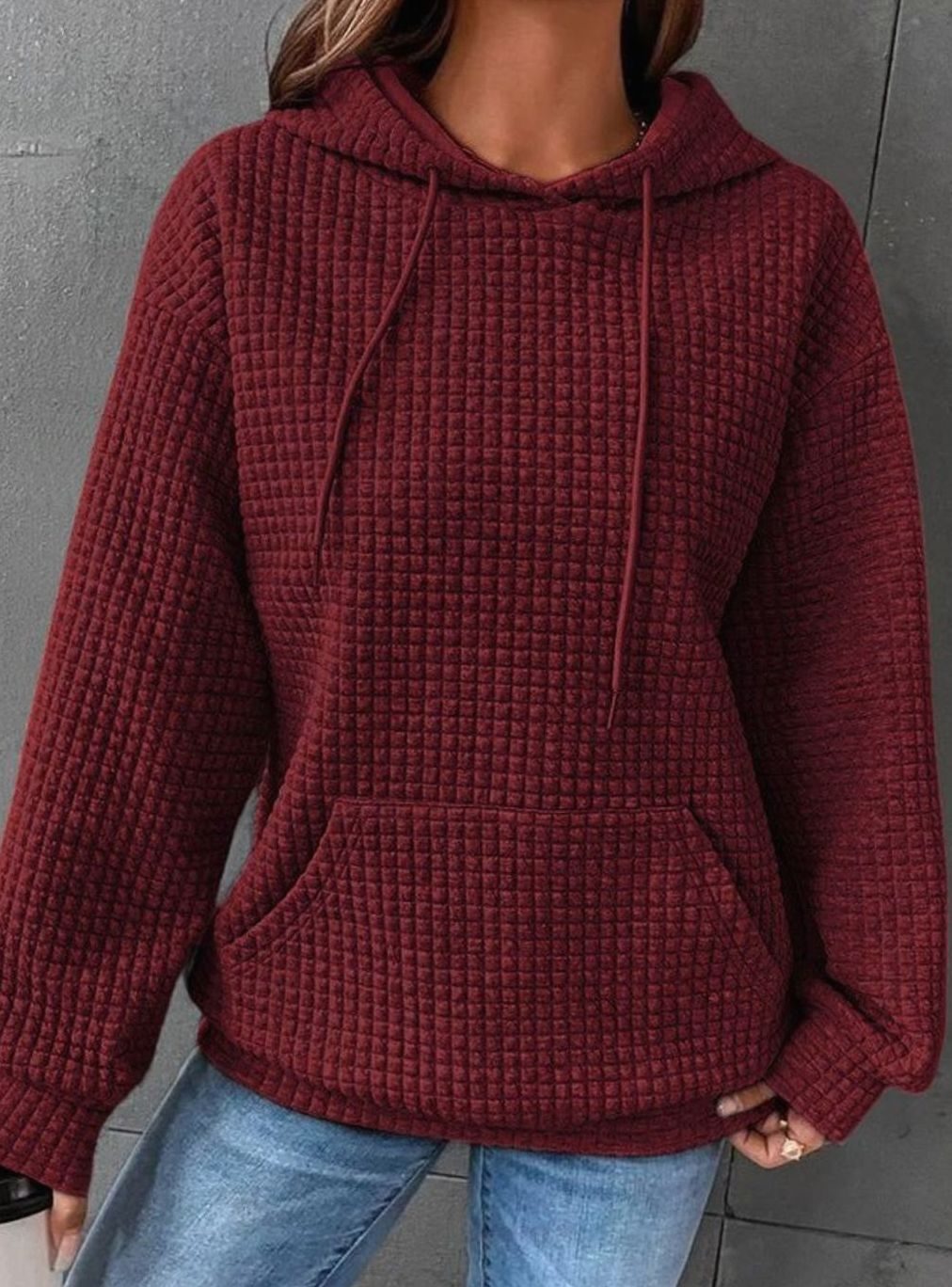 Women's Waffle-Knit Relaxed-Fit Pullover Hoodie Sweater - Red