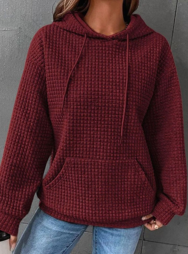 Women's Waffle-Knit Relaxed-Fit Pullover Hoodie Sweater - Red