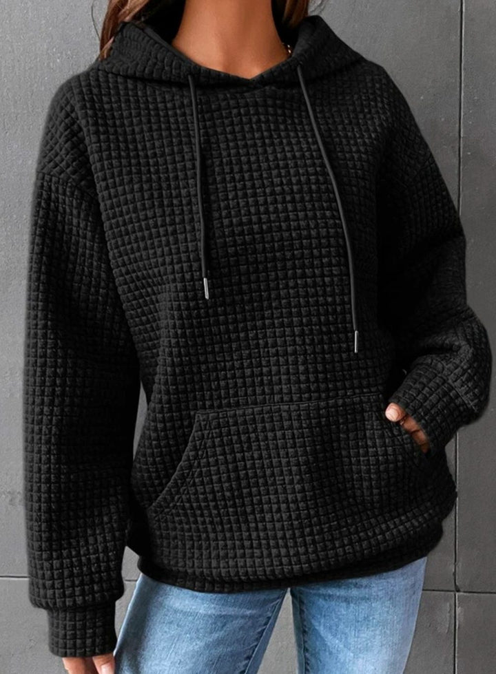 Women's Waffle-Knit Relaxed-Fit Pullover Hoodie Sweater - Black