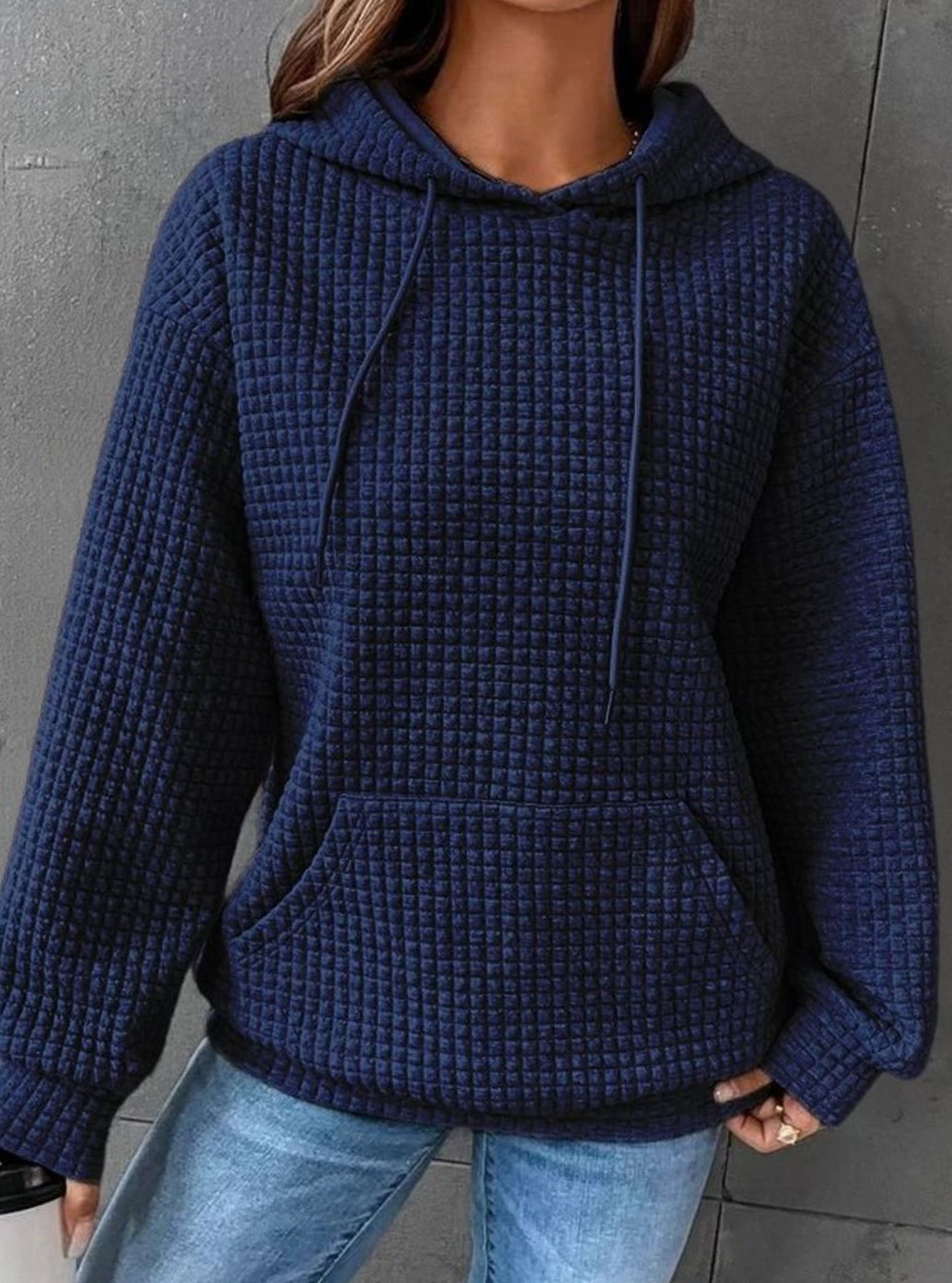 Women's Waffle-Knit Relaxed-Fit Pullover Hoodie Sweater - Blue
