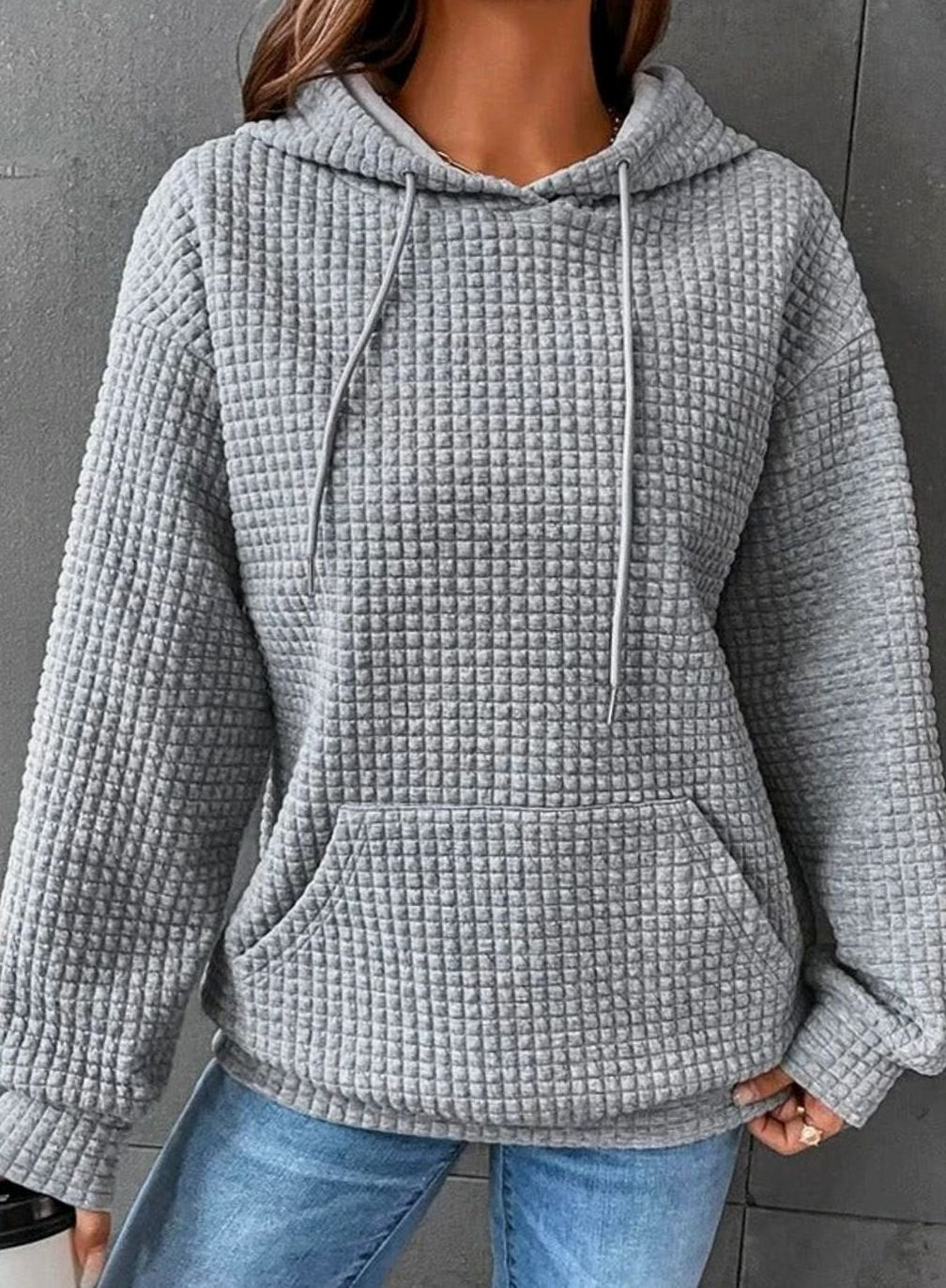 Women's Waffle-Knit Relaxed-Fit Pullover Hoodie Sweater - Gray