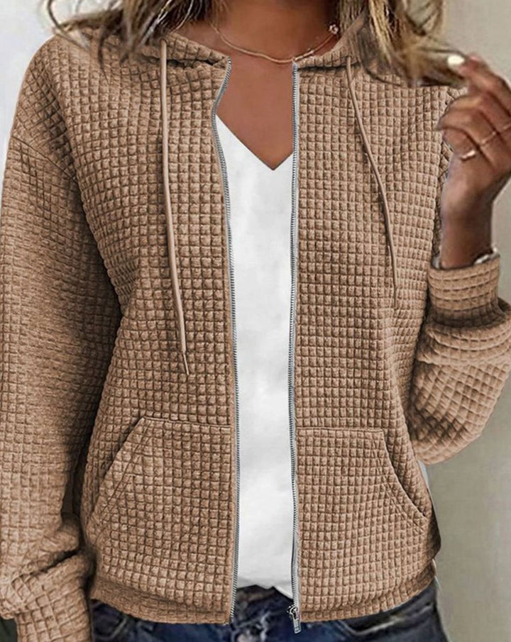 Women's Waffle Knit Zip-Up Hoodie Relaxed-Fit Drawstring Sweater - Brown