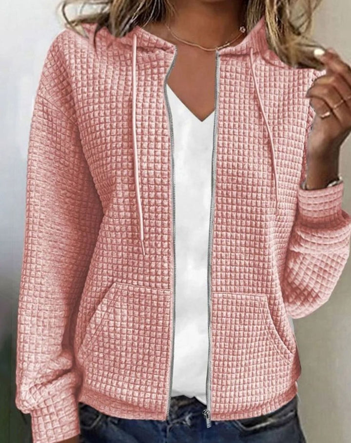 Women's Waffle Knit Zip-Up Hoodie Relaxed-Fit Drawstring Sweater - Pink
