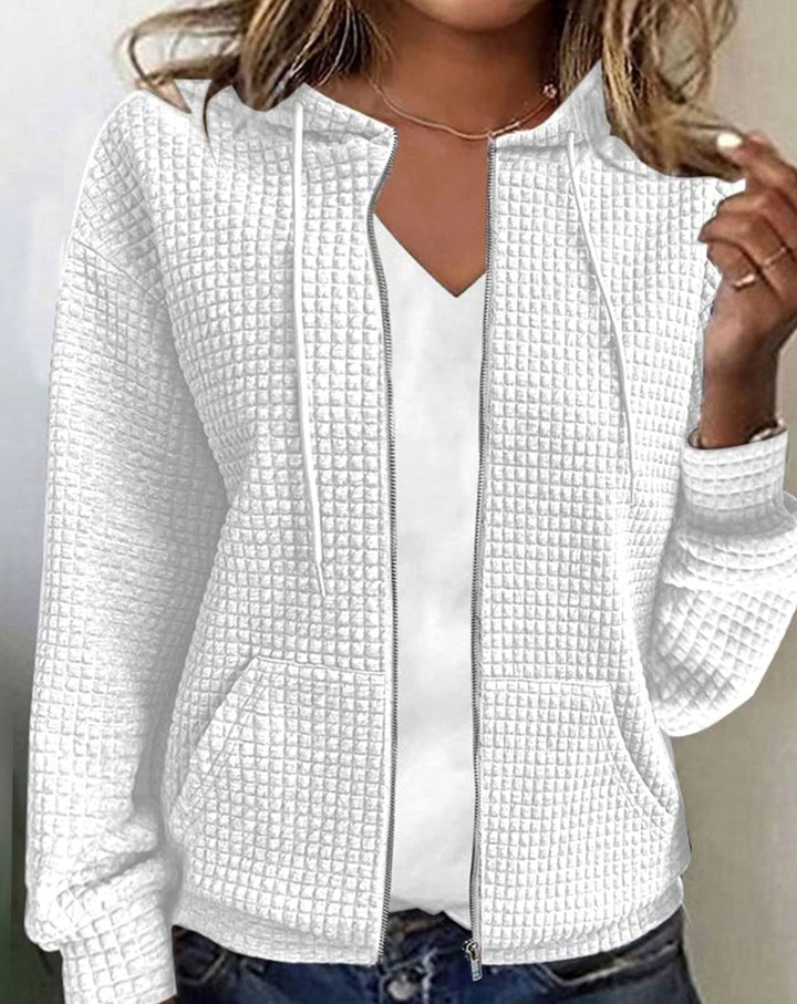 Women's Waffle Knit Zip-Up Hoodie Relaxed-Fit Drawstring Sweater - White