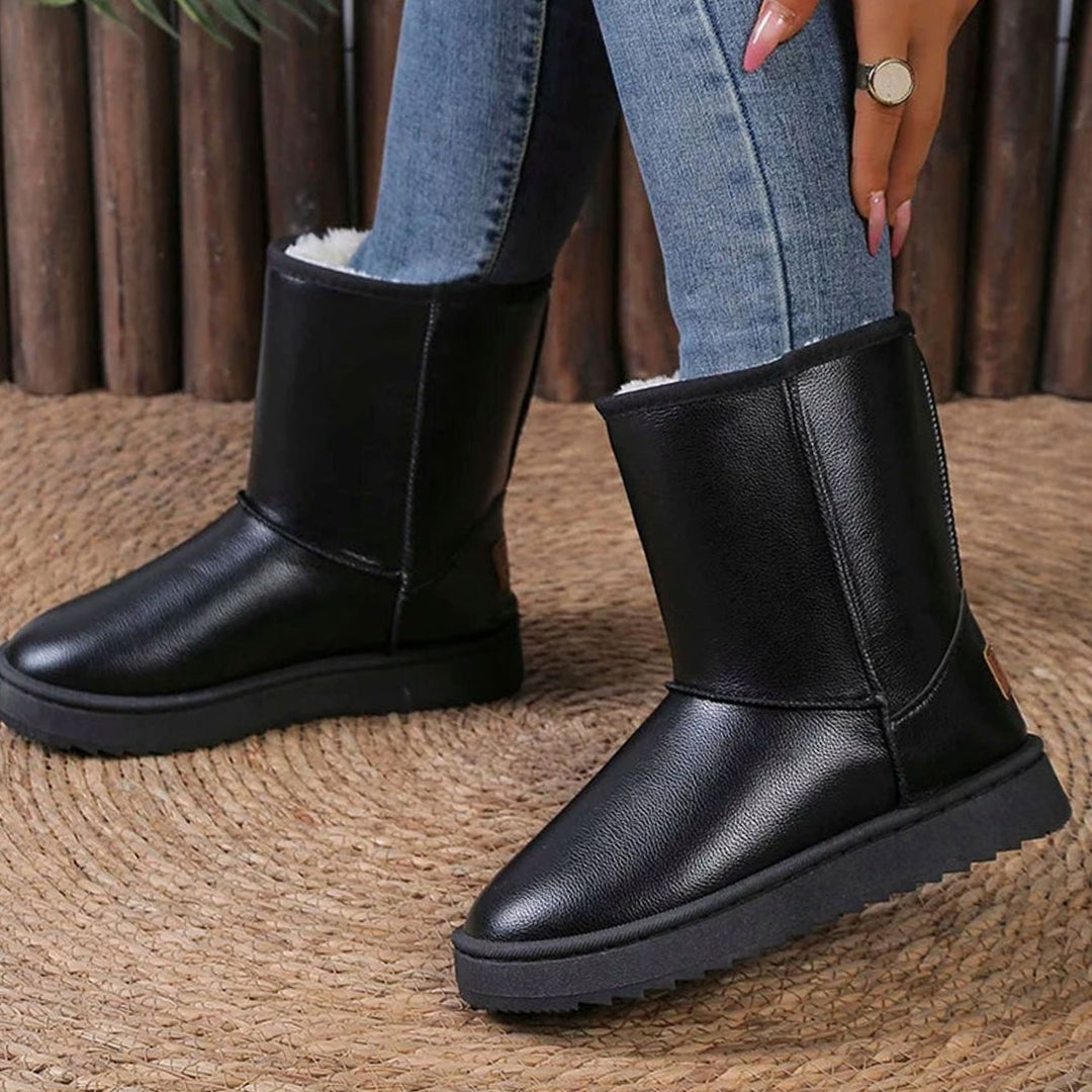 Women's Waterproof Faux Leather Platform Snow Boots Mid-Calf