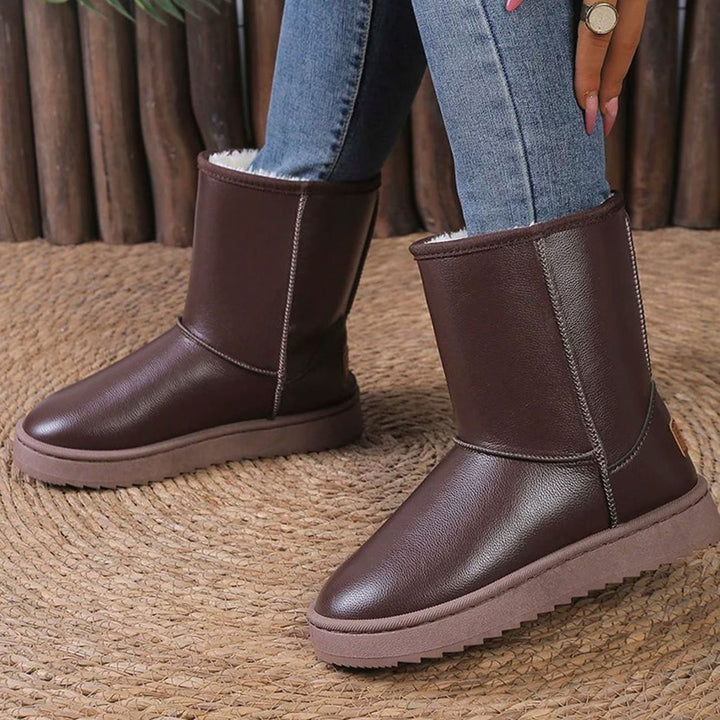 Women's Waterproof Faux Leather Platform Snow Boots Mid-Calf