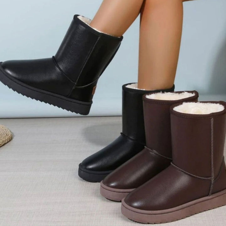 Women's Waterproof Faux Leather Platform Snow Boots Mid-Calf