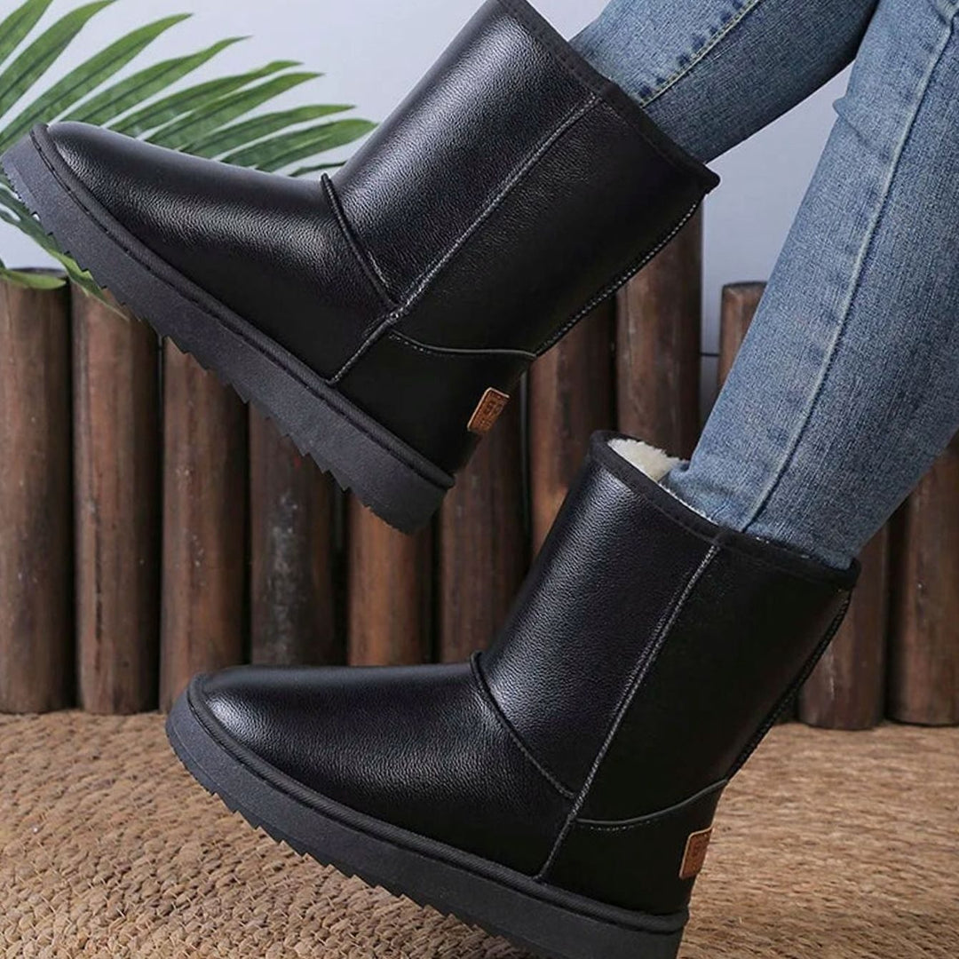 Women's Waterproof Faux Leather Platform Snow Boots Mid-Calf - Black
