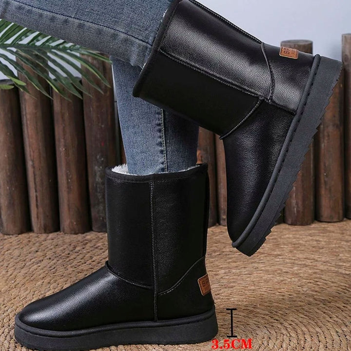 Women's Waterproof Faux Leather Platform Snow Boots Mid-Calf